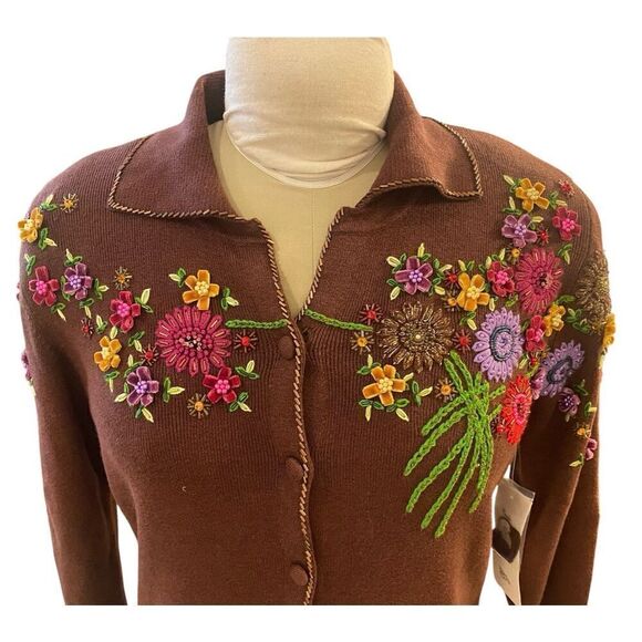 NWT Embroidered Cardigan by Just B Sz. M Cotton Blend Chocolate Brown - Picture 6 of 9